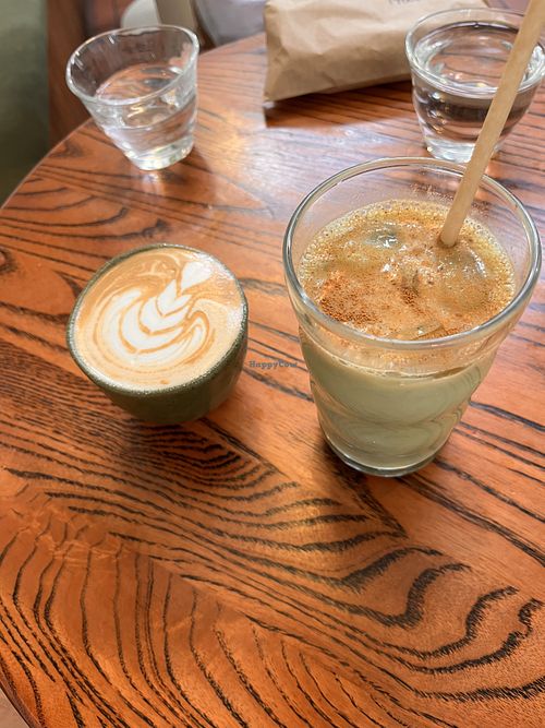 Soy latte and soy iced matcha   at Valley of Yore in Myponga