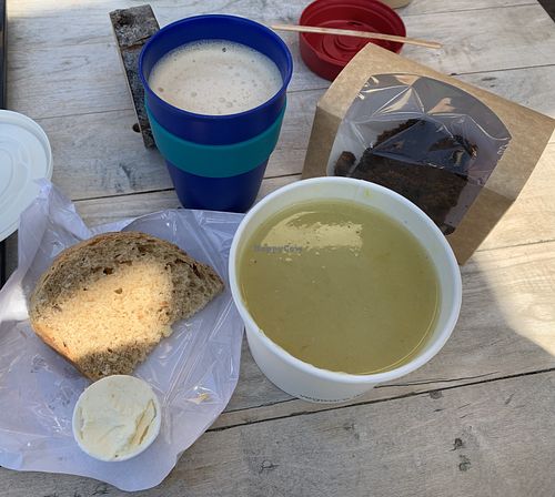 Soup, oat milk latte and gingerbread  at Pillars of Hercules Organic Farm Shop and Cafe in Falkland