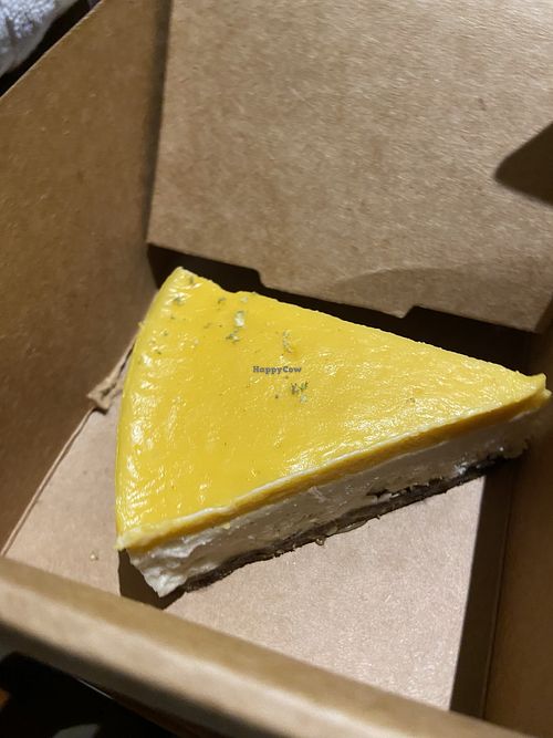 Kaffir lime pie with mango (tasted like vegan cheesecake)  at Greenr Cafe in New Delhi