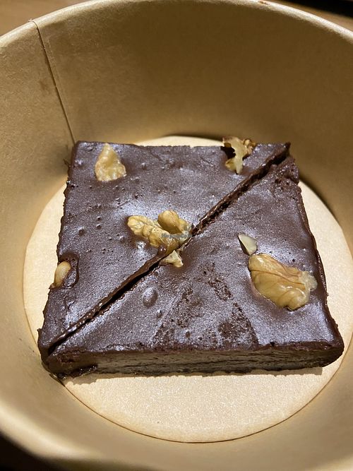 Loco coco brownie was so chocolatey, I enjoyed tasting the date crust on the bottom  at Greenr Cafe in New Delhi