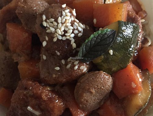 soy meat and veg with fried rice noodles at HeartFood in Hobart