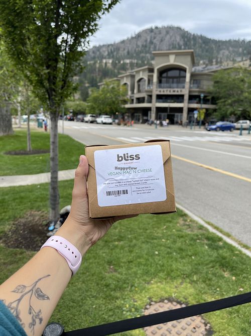 Vegan mac & cheese outside of bliss bakery at Bliss Bakery in Peachland