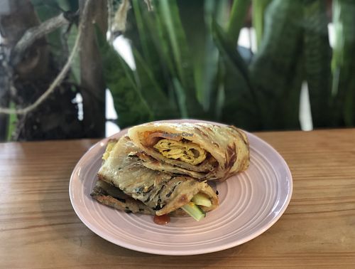 Breakfast pancakes with V-egg and V-ham  at Vegan Resort 啼岸 in Taipei