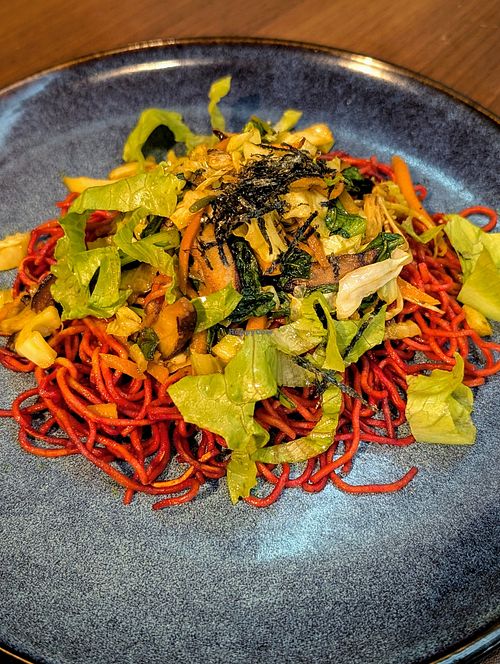 Red fragrant noodles no soy at Vegan Resort 啼岸 in Taipei