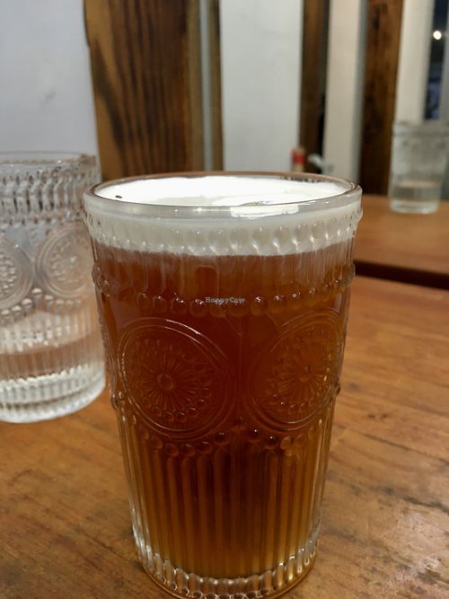 Cold rooibos tea with vegan sea salt cream  at Vegan Resort 啼岸 in Taipei