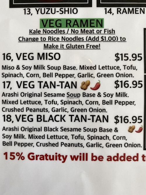 Veg menu  at Arashi Ramen in Canmore