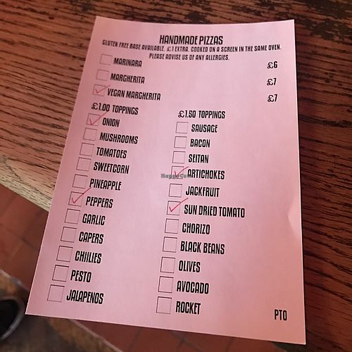 pizza bar order form at The Railway Hotel in Southend-on-sea