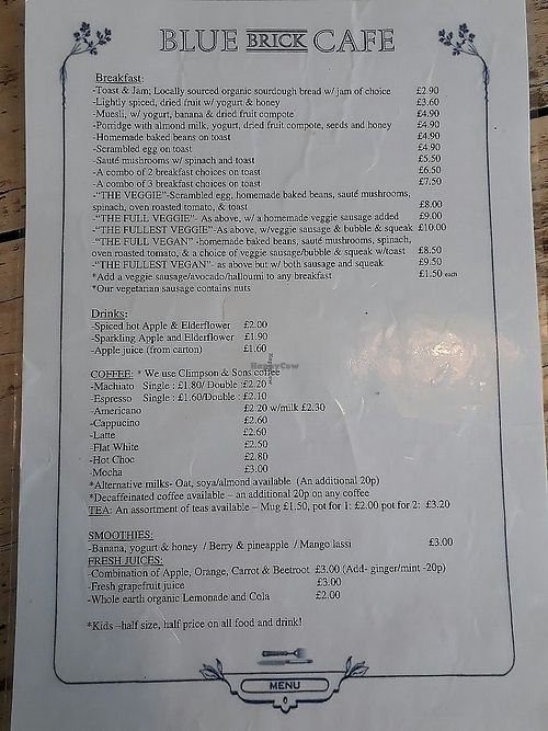 Menu at Blue Brick Cafe in South East London
