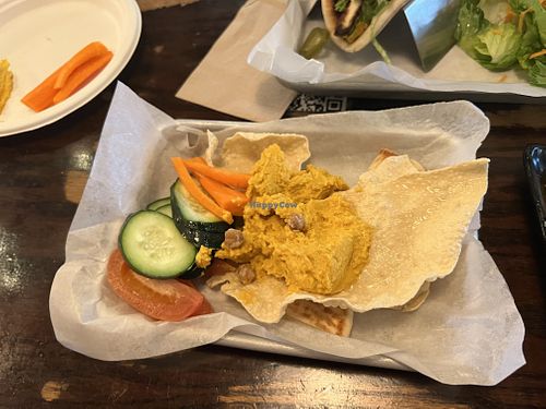 Hummus platter (sorry, already scattered to kids plates 🤪) Fresh, tasty, and vegan labeled!   at Carabao Brewing in Guam