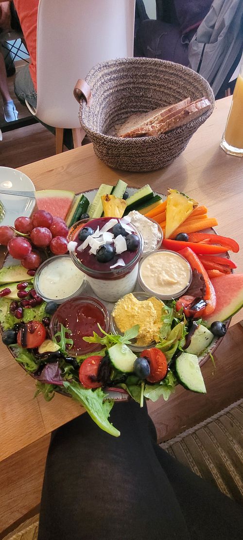 "Veganes Frühstück", huge plate loaded with vitamins. Maybe better share it with two persons. at Cafè 66 in Stralsund