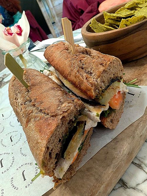 Josephine's signature aubergine and almond "burratta" at Josephine's Coffee in Attard