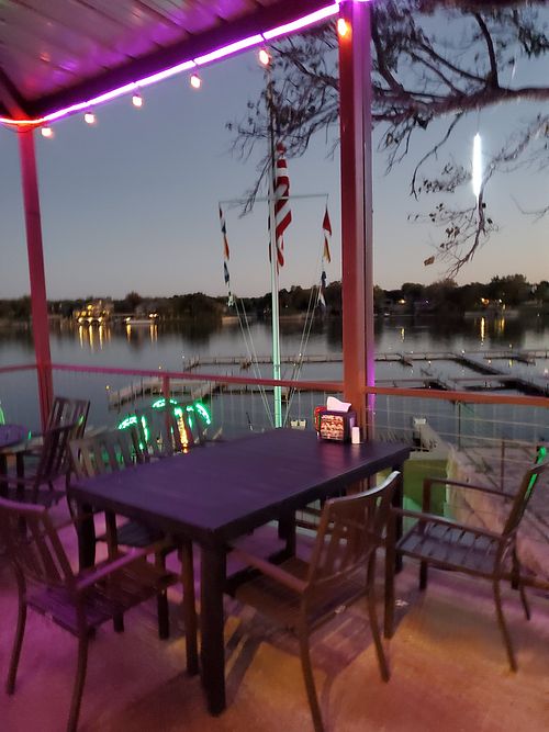 Patio seating at Boat Town Burger Bar in Kingsland
