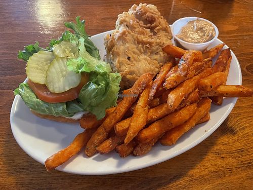 Chickun Sandwich with Sweet Potato Fries  at Lucky's Taproom and Eatery in Dayton