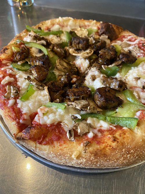 Make your own pizza! Jerk tempeh with green peppers and mushrooms  at Mellow Mushroom in Wilmington