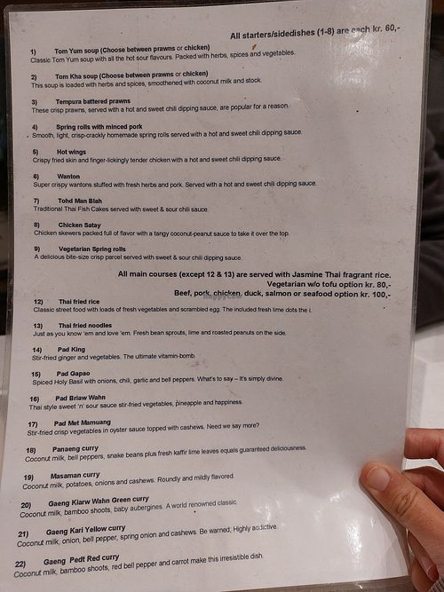 Menu. Items can be veganized for no fish/oyster sauce at Tuk Tuk in Copenhagen