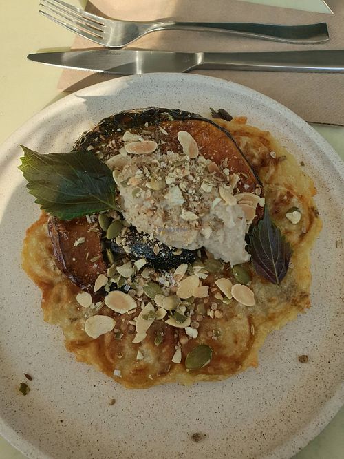 Potato waffle w/pumpkin, eggplant, white bean cream, dukkah, shiso $26.50 at Nabo in Kingsville