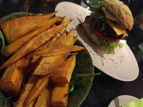 Sweet potato chips and a burger, why do anything different? at Rai Urban Vege in Belgrade