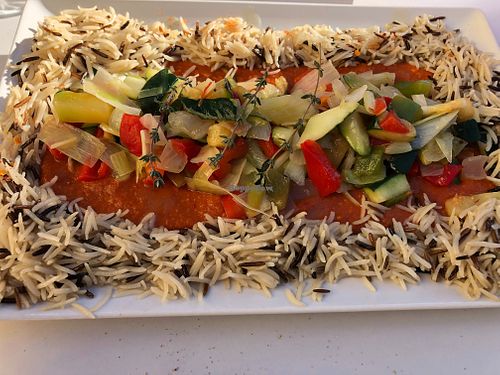 Arroz con pisto y salsa romescu at La Conce in Caceres