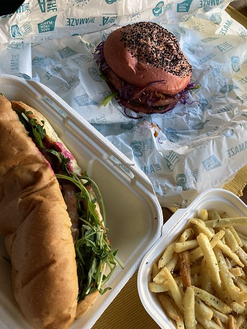hot dog, burger, fries  at The Amaze Food Truck in Ljubljana