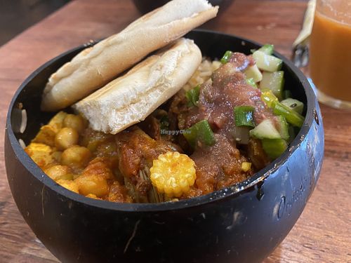 chickpea and jackfruit curries with saffron rice, and salad at Jack the Falafel in Bristol