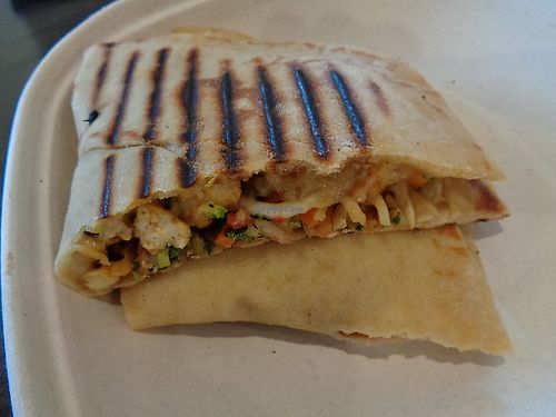 TERIYAKI TOFU PANINI.
Roasted tofu, teriyaki, mozzarella, cilantro-lime slaw, carrot, wasabi ginger aioli. Subbed plant-mozz for the mozz to make it vegan.

 at Evexia in Aurora