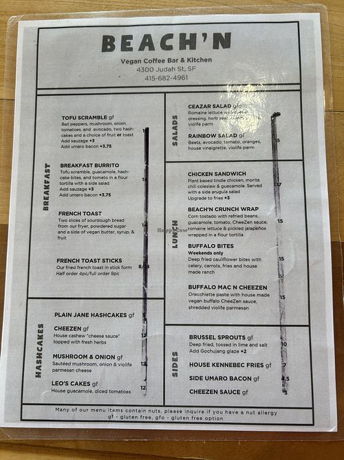 Menu - some items $1 more than shown heree  at Beach'n SF in San Francisco