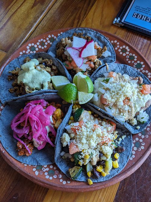 Plate of tacos (one of each type on the menu) at Mis Tacones in Portland