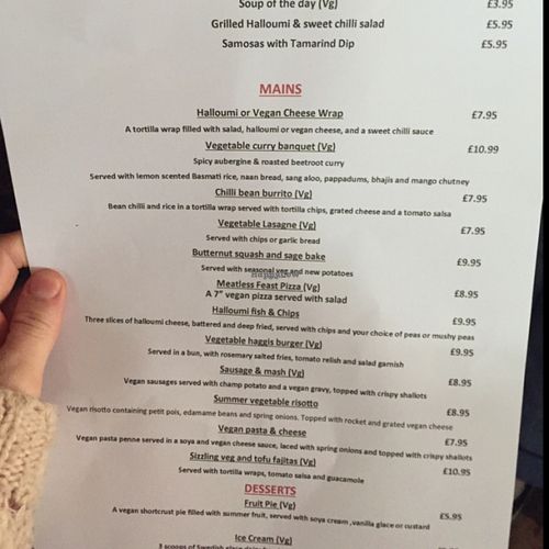 vegan and vegetarian menu (inc vegan desserts) at Queen's Head in Burley