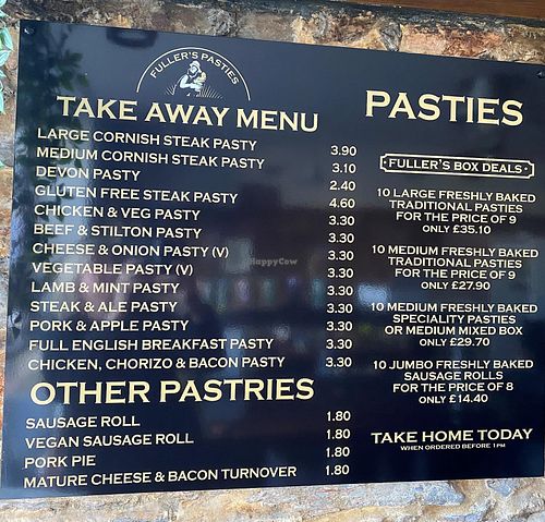 The Vegetable pasty is listed as vegetarian but is actually vegan at Fullers Pasties in Brixham