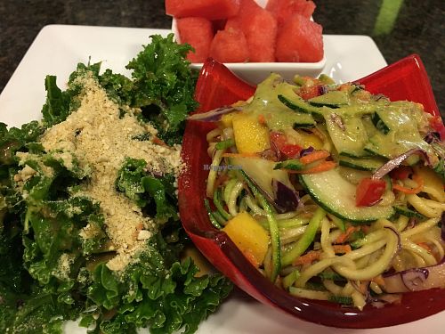 Zucchini noodles - pad thai style with watermelon and kale salad at Good Life Cafe in Columbia