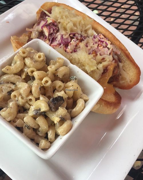 special today was a seitan hotdog & got a side of the veggie mac n cheese  at Good Life Cafe in Columbia