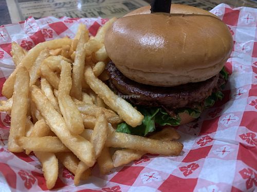 Vegan burger, comes with fries  at The Longhorn in Tombstone