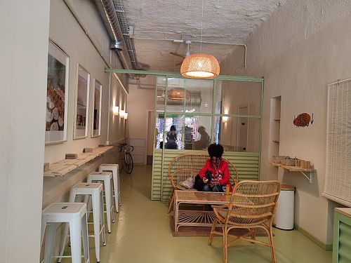 Seating at Areca Bakery in Barcelona