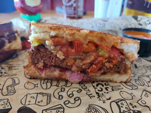 Signature grilled cheese - vegan melt (has Beyond Burger patty) at I Heart Mac & Cheese in Deer Park