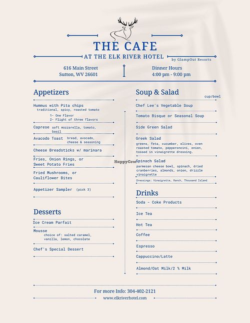 Menu page 1 at Elk River Hotel & Cafe by GlampOut Resorts in Sutton
