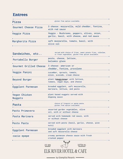Menu page 2 at Elk River Hotel & Cafe by GlampOut Resorts in Sutton
