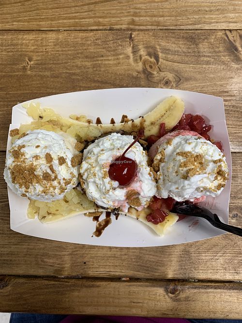 dairy free traditional banana split with graham crackers over the top (: at Top It Off in Dalton