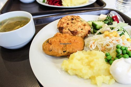 selection from the buffet (bamboo soup, tofu fritters, salads, mashed potatoes, mayo) at Loving Hut - OC Nový Smíchov in Prague