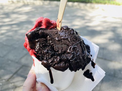 Dairy-free chocolate and frutas del bosque sorbet at Helados Amoretto in Antigua