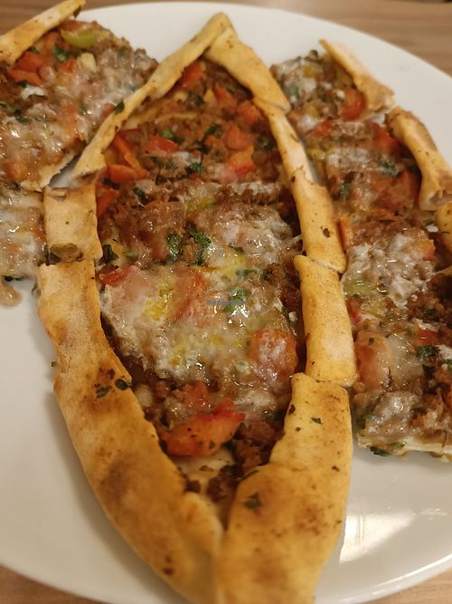 Meat cheese pide at Vegan Masa in Istanbul