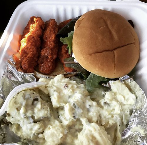 Buffalo Chik’n sandwich with best potato salad ever!  at Imagine Vegan Cafe in Memphis