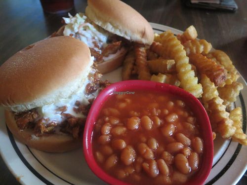 Memphis BBQ Sandwich with BBQ beans, slaw and fries at Imagine Vegan Cafe in Memphis