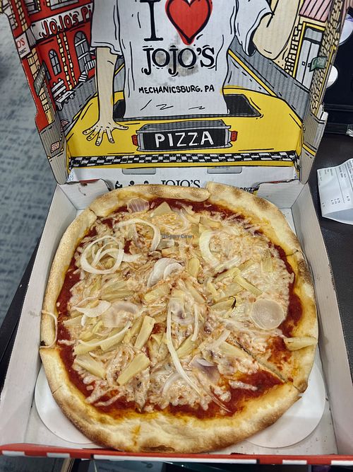 Gooey vegan cheese pizza with pineapples and onionss  at JoJo's - Aspen in Mechanicsburg