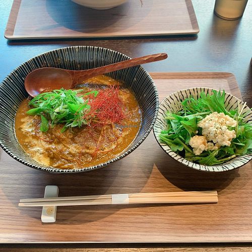 Curry soba with mini salad at Sobaful in Tokyo