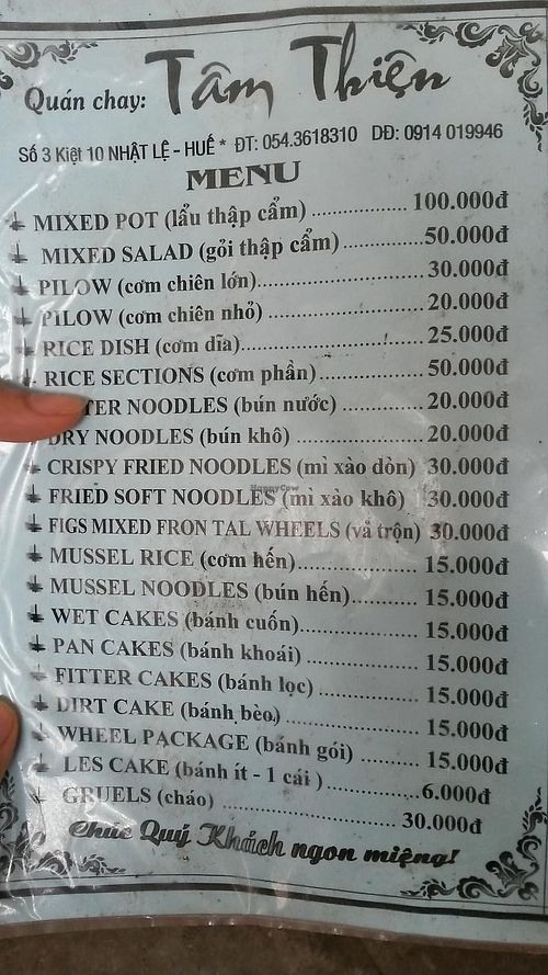menu at Tam Thien in Hue