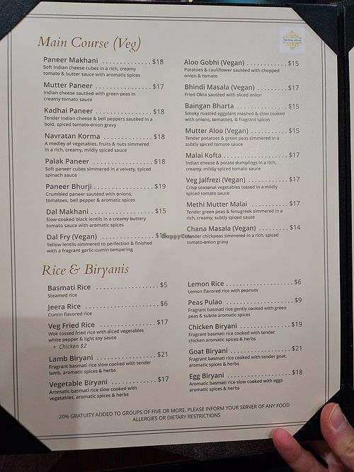 Some vegan labels on the menu at The Desi Accent in Lombard
