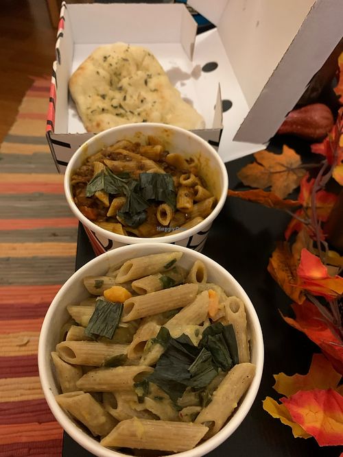 Pumpkin Alfredo pasta, lentil ragu & garlic bread  at Coco di Mama in Hitchin