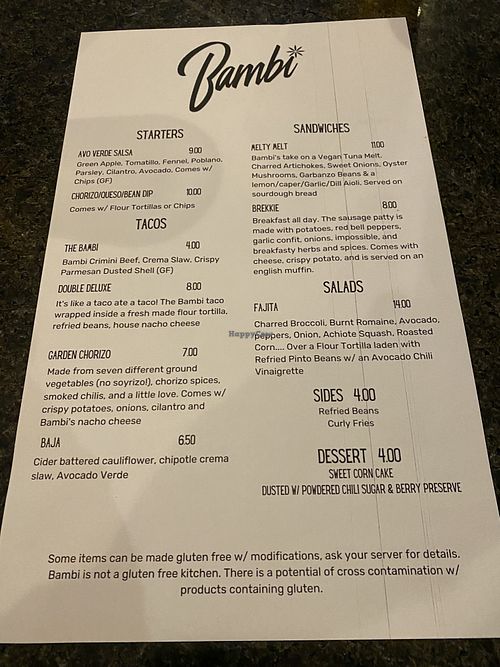 Menu  at Bambi Vegan Tacos in Sacramento