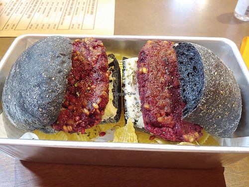 Vegan beet burger with vegan cream cheese at SUSU Vegan Mylk Bar Penang in Penang