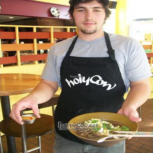 Royce prseents the first miso bowl replete with buckwheat noodles and a side of kimchi from Grateful Harvest Farm. at Holy Cow on Willamette in Eugene